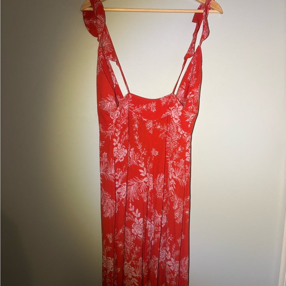 Vibrant Red Floral Jumpsuit with Bow Straps